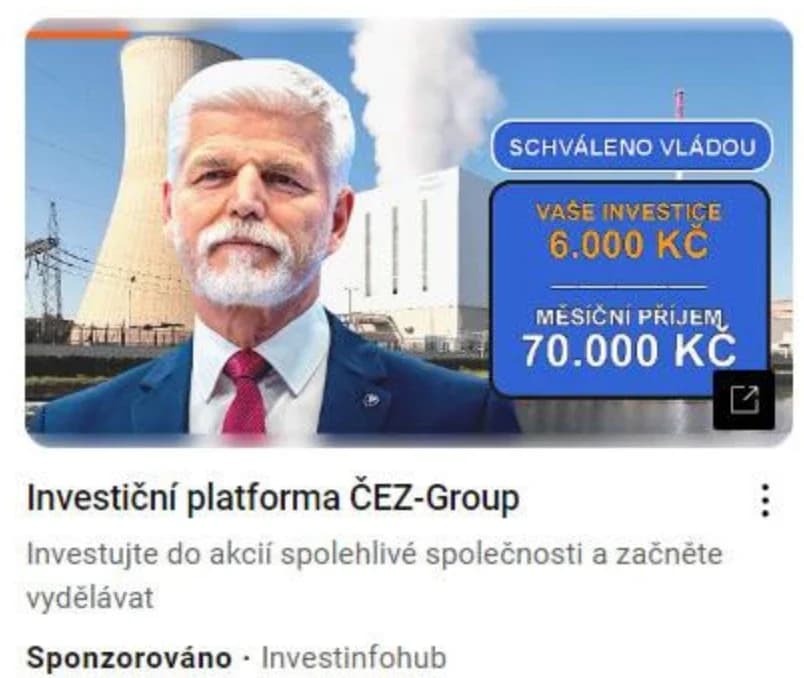 Podvodná reklama na YouTube s fotkou prezidenta a falešnou investiční platformou ČEZ