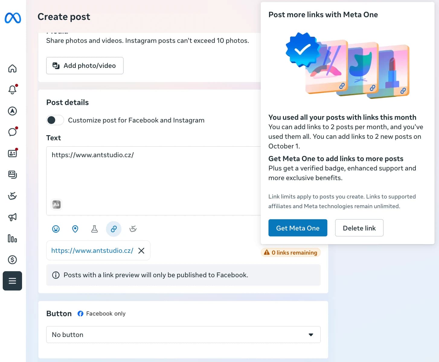 Upozornění na Facebooku: vyčerpali jste příspěvky s odkazy pro tento měsíc, nabídka předplatného Meta One