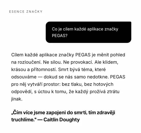 Sekce Esence značky v Ai asistentovi PEGAS s otázkou „Co je cílem každé aplikace značky PEGAS?“ a odpovědí o měnění pohledu na rozloučení
