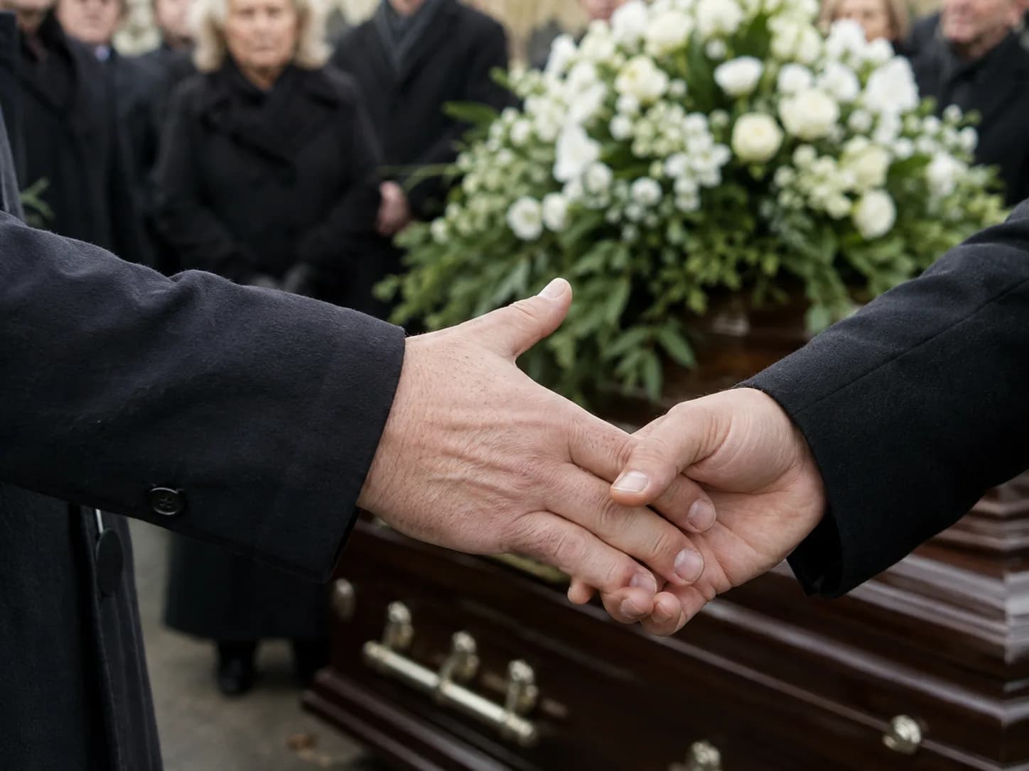 Podání ruky nad rakví s bílým věncem, v pozadí smuteční hosté